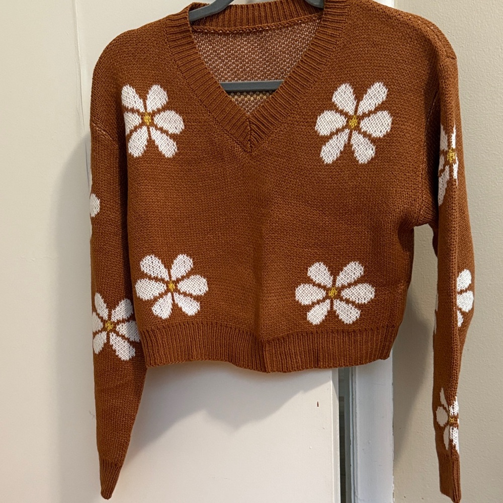 Floral Knit V-Neck Sweater - Brown